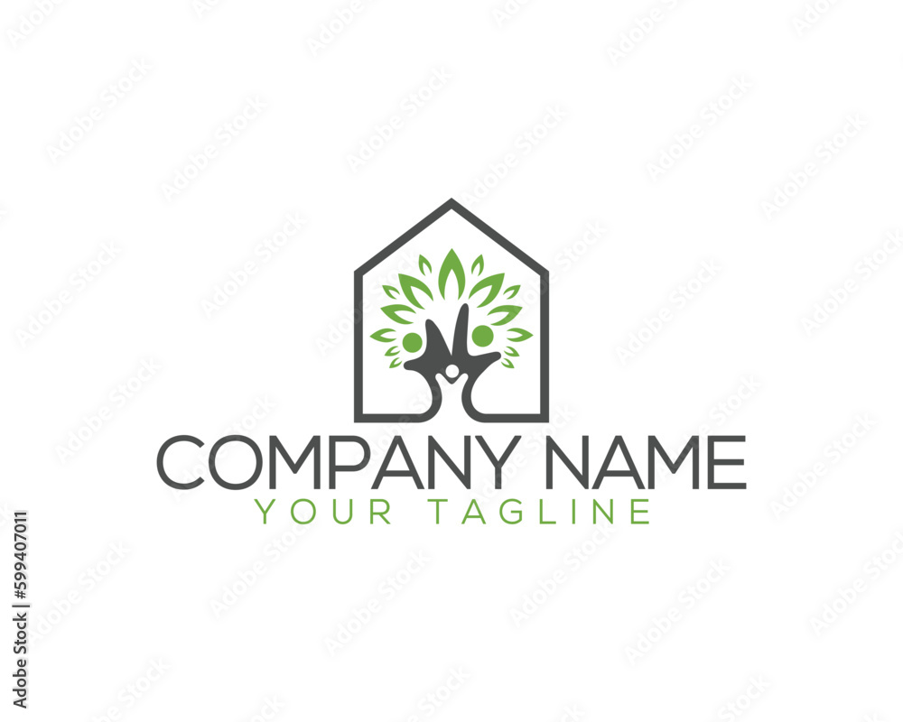 Unique house and people tree family care logo design. People tree and home natural vector illustration.