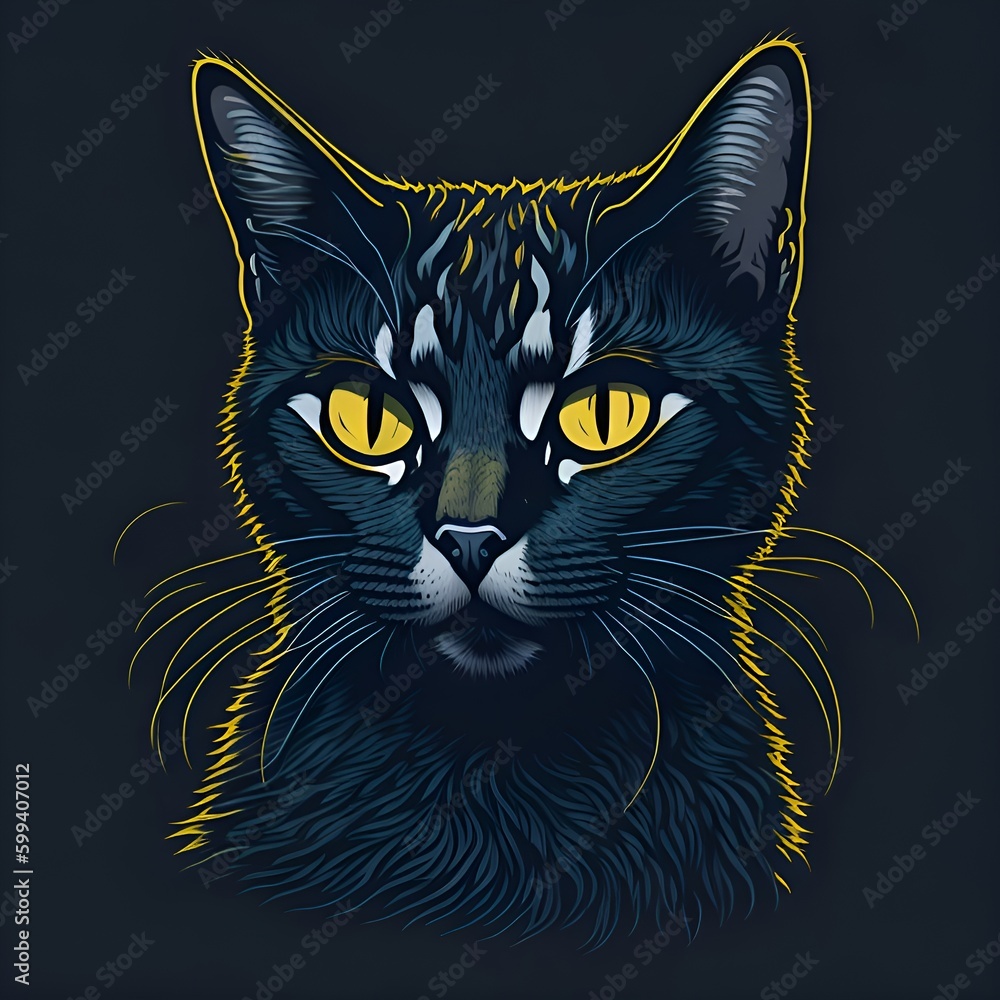 black cat with yellow eyes, Graphic, colored cute cat illustration sketch Wall sticker, Digital Vector Graphics