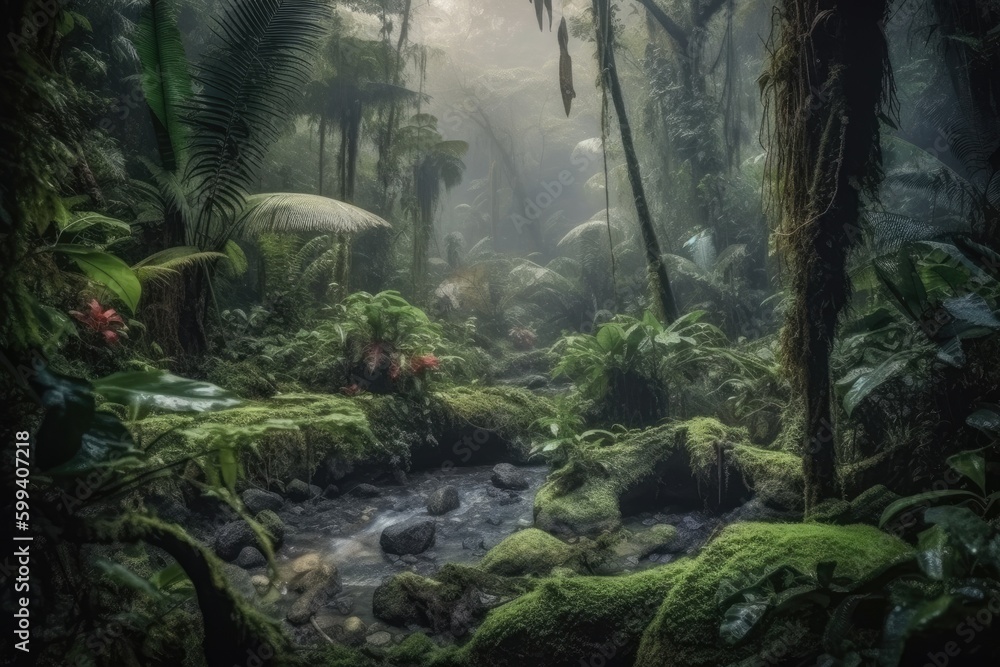 peaceful stream flowing through a verdant forest Generative AI