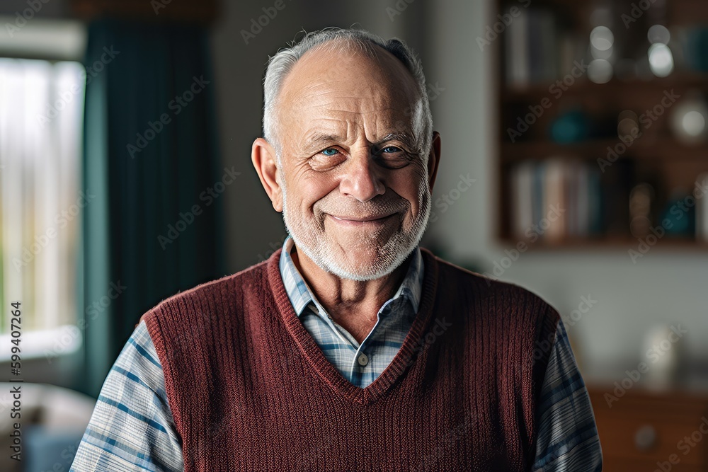 Smiling senior man posing inside a room looking at the camera. Generative AI Smiling senior man posing inside a room looking at the camera. Generative AI