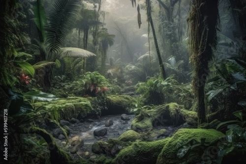 peaceful stream flowing through a verdant forest Generative AI