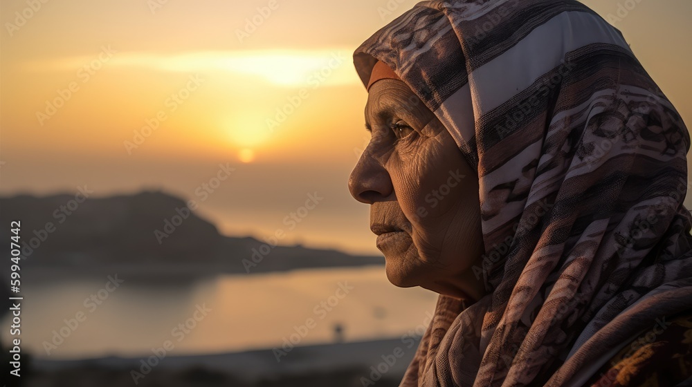 Serious Old Arab muslim woman wearing a hijab posing in a northern african city. Generative ai