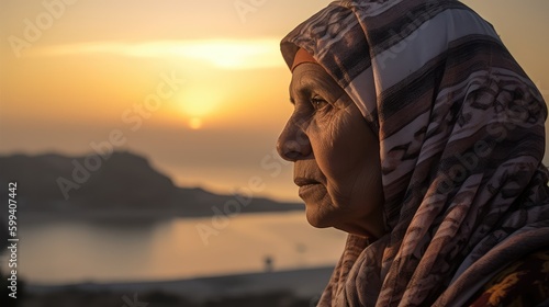 Serious Old Arab muslim woman wearing a hijab posing in a northern african city. Generative ai