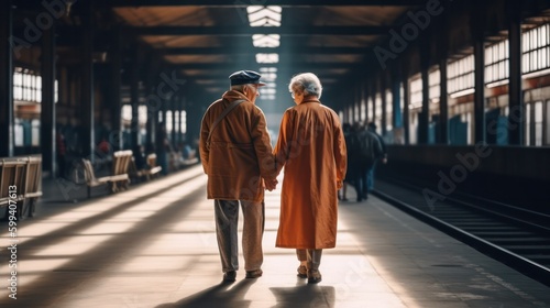 rear view of an elderly gray-haired couple, a man and a woman, walking at the train station or airport. family travel concept. day of parents, grandparents. Generative AI