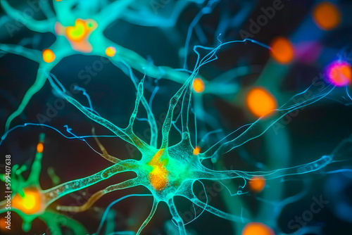 An image of neurons involved in consciousness, such as those in the thalamus and cortex. Generative Ai.