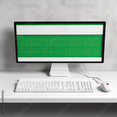 Modern white desktop computer with green screen, keyboard, mouse on working table. Copy space, mockup. AI generative art Generative AI