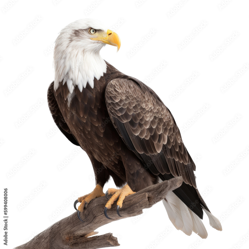 an isolated bald eagle (Haliaeetus leucocephalus) , sitting on a branch, preservation, Wildlife-themed, photorealistic illustration on a transparent background cutout in PNG. Generative AI an isolated bald eagle (Haliaeetus leucocephalus) , sitting on a branch, preservation, Wildlife-themed, photorealistic illustration on a transparent background cutout in PNG. Generative AI