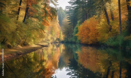  a body of water surrounded by trees in the fall colors.  generative ai