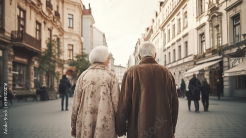 rear view of an elderly gray-haired couple, a man and a woman, walking around the city. health and family concept.parents and grandparents day. Generative AI