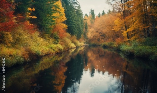  a body of water surrounded by trees in the fall season.  generative ai