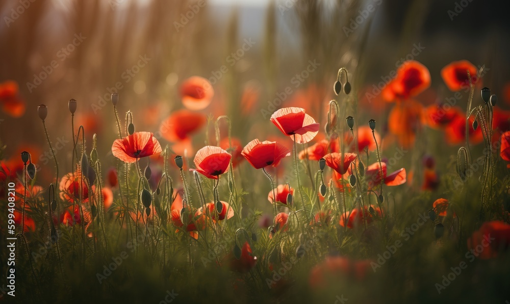 Obraz premium a field full of red flowers in the sun with a blurry background. generative ai