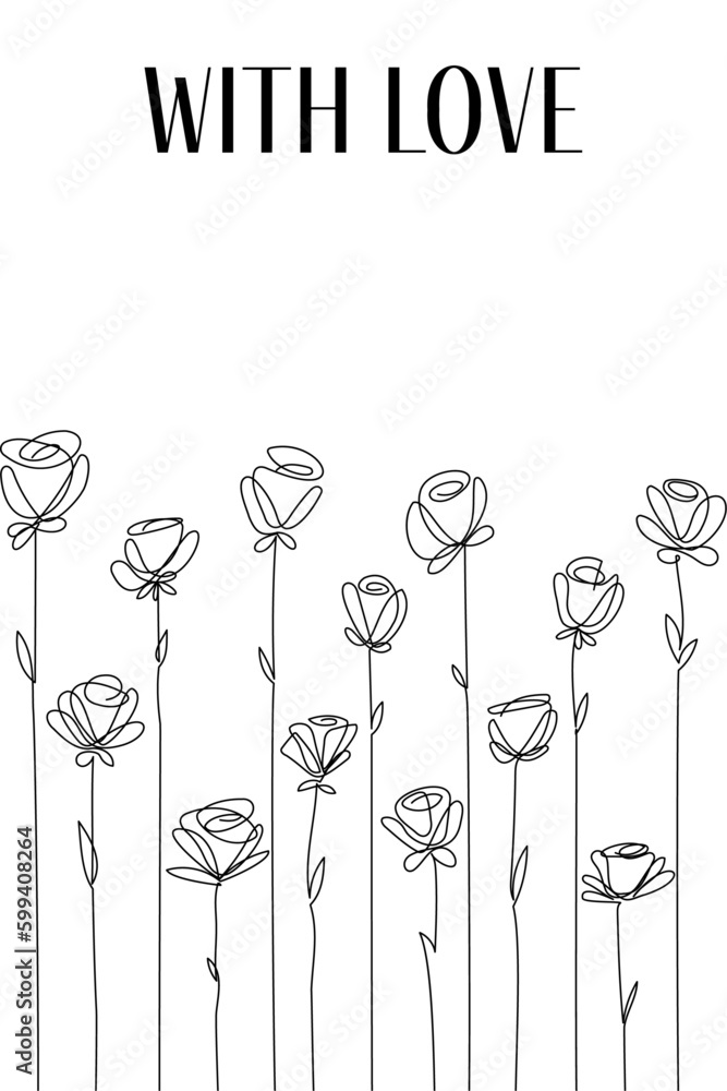 Vector tender card with single line flowers. Linear roses with love ...