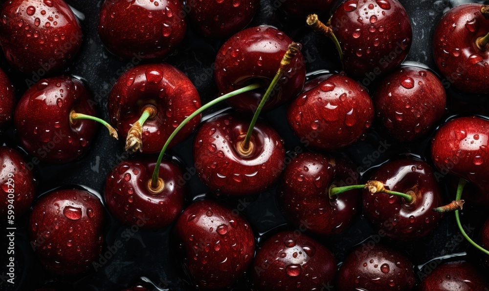 a bunch of cherries with water droplets on them are shown. generative ai a bunch of cherries with water droplets on them are shown. generative ai