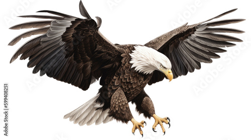 an isolated  bald eagle (Haliaeetus leucocephalus) , flying in motion and in landing position, wildlife, Wildlife-themed, photorealistic illustration on a transparent background PNG. generative ai photo