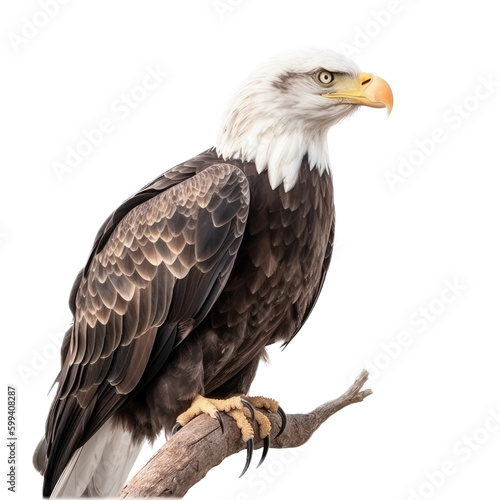an isolated bald eagle (Haliaeetus leucocephalus) , sitting on a branch, preservation, Wildlife-themed, photorealistic illustration on a transparent background cutout in PNG. Generative AI
