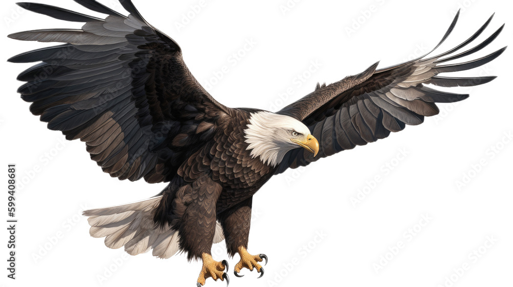 Obraz premium an isolated bald eagle (Haliaeetus leucocephalus) , flying in motion and in landing position, wildlife, Wildlife-themed, photorealistic illustration on a transparent background PNG. generative ai