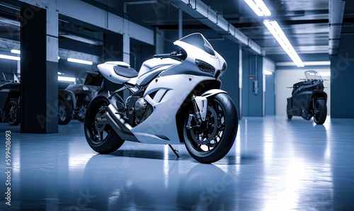 New beautiful white motorcycle in the garage. Black motorbike at backdrop. Generative AI.