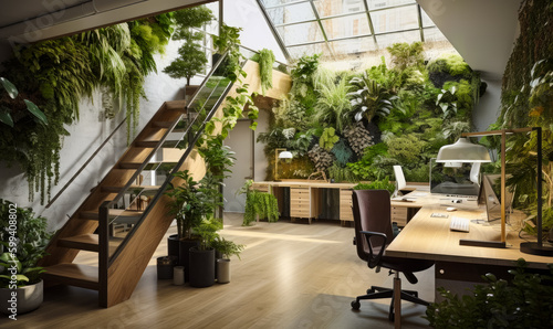Cozy light spacious office room with multiple plants in the interior. Beautiful nature-friendly design at workplace. Generative AI.