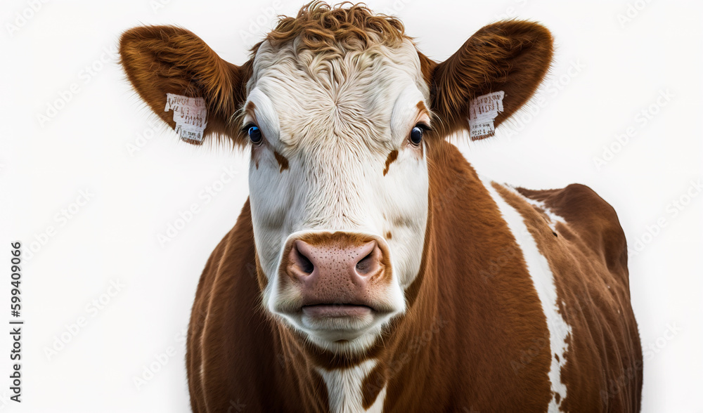Head of an angrily-looking brown-white cow with tags in the ears. Cattle farming animal close up portrait at white backdrop. Generative AI. Head of an angrily-looking brown-white cow with tags in the ears. Cattle farming animal close up portrait at white backdrop. Generative AI.