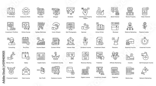 Passive Income Opportunities Thin Line Iconset Dividend Business Outline Icon Bundle in Black