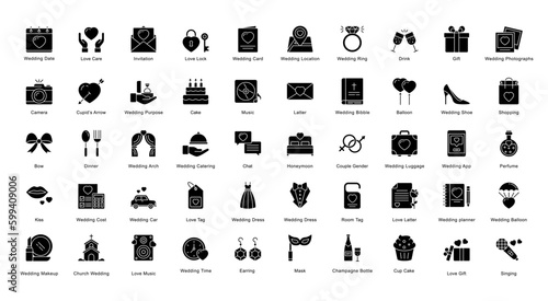 Wedding Glyph Iconset Couple Ring Event Glyph Icon Bundle in Black