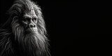 Black and white photorealistic studio portrait of a mature male Bigfoot on black background. Generative AI illustration