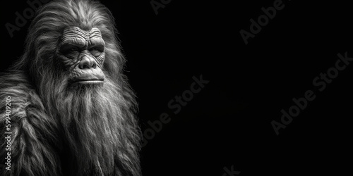 Black and white photorealistic studio portrait of a mature male Bigfoot on black background. Generative AI illustration © JoelMasson