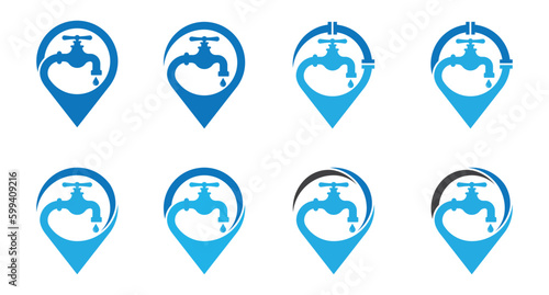 Water Faucet with Pin Map Location Plumbing Logo Concept icon sign symbol Design Element. Point, Plumber, Tap, Plumbing Service Logotype. Vector illustration template