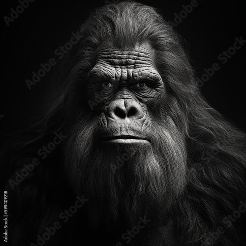 Black and white photorealistic studio portrait of a mature male Bigfoot on black background. Generative AI illustration