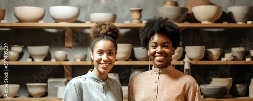 Portrait of young female entrepreneurs pottery artisans. Small business concept. Generative AI
