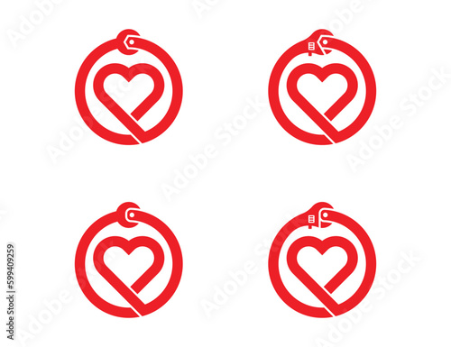 Heart Fix Wrench Repair Logo Concept symbol sign icon Design Element. Plumbing, Construction Building, House, Home Repair, Mechanic Services Logotype. Vector illustration template