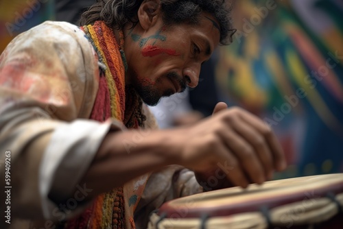 Close up shot of indigenous man playing Timpani drums. Generative AI