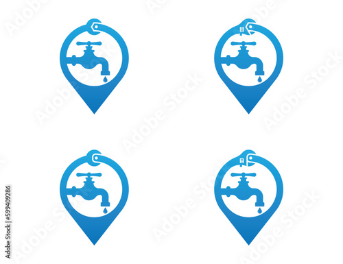 Plumbing Service Point Location Logo Concept symbol icon sign Design Element. Wrench and Water Faucet with Pin Map Location Logotype. Vector illustration template