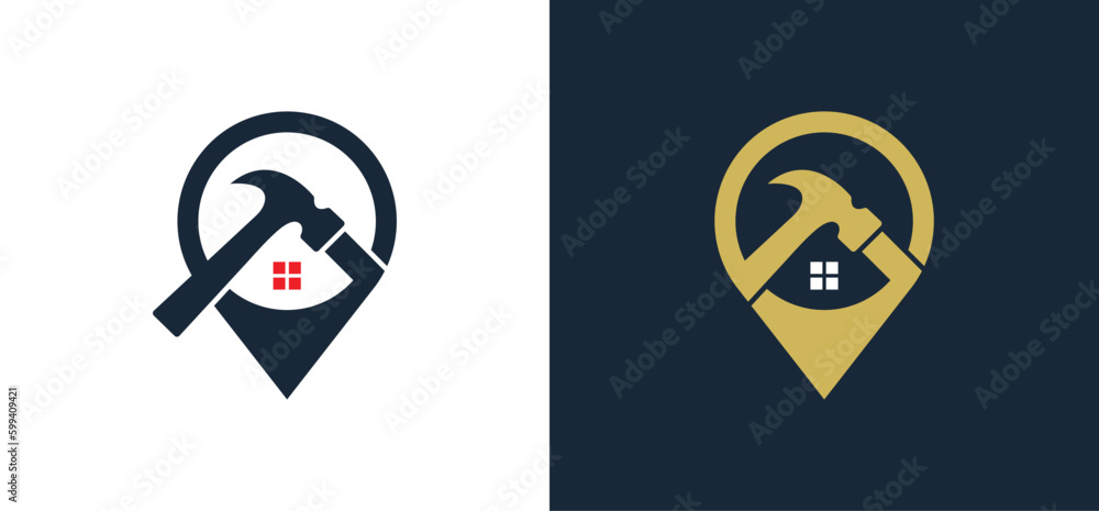 Home Repair Point Pin Finder Location Logo Concept sign icon symbol Design Element. Hammer, Realtor, Real Estate, House, Mortgage, Construction Building Logotype. Vector illustration template Home Repair Point Pin Finder Location Logo Concept sign icon symbol Design Element. Hammer, Realtor, Real Estate, House, Mortgage, Construction Building Logotype. Vector illustration template