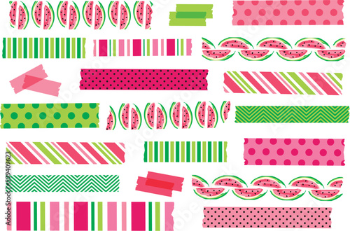 Watermelon washi tape set. Collection of pink and green masking or adhesive tape strips, stickers, or labels for cards, scrapbooking, invitations, clip art, crafts, and more. Summer, seasonal.