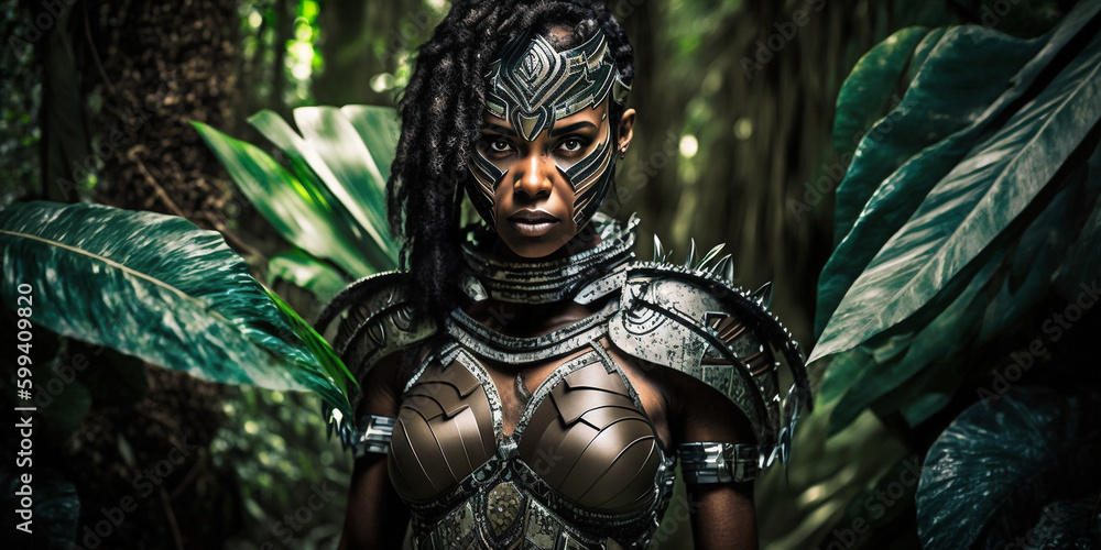 Frau mit hübschem Gesicht in Krieger Kostüm im Dschungel Nahaufnahme, ai generativ