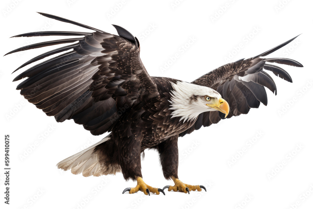 an isolated bald eagle (Haliaeetus leucocephalus) , flying in motion and in landing position, wildlife, Wildlife-themed, photorealistic illustration on a transparent background PNG. generative ai an isolated bald eagle (Haliaeetus leucocephalus) , flying in motion and in landing position, wildlife, Wildlife-themed, photorealistic illustration on a transparent background PNG. generative ai