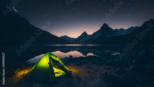 Campsite tent by the lake in mountains sunset and night. Tent view from campsite in sunset view. (Generative AI)