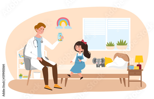 Doctor visiting child concept. Man gives pills to little girl. Pediatrician makes diagnosis and chooses method of treatment. Health care and regular check ups. Cartoon flat vector illustration