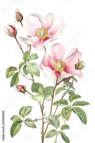 Dog roses isolated on white background  watercolor botanical illustration  spring flora for design. Generative AI