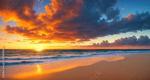 Sunset on a tropical beach with clear blue water and waves crashing on the sandy shore, surrounded by palm trees  (ID: 599410440)