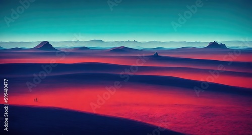 Mysterious Red Landscape with Mountains and Clouds (ID: 599410477)