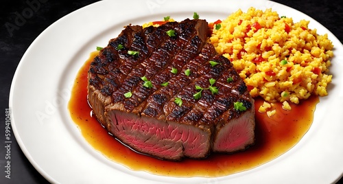 a juicy beef steak served with yellow rice (ID: 599410481)