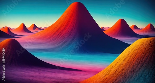 A landscape with colorful mountains in the foreground, with a sun setting in the background (ID: 599410489)