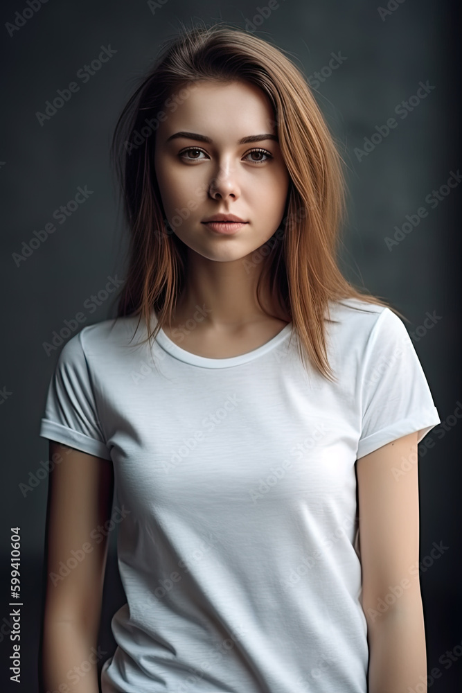 Confident young woman in blank white t-shirt looking camera on gray background, created with Generative AI Confident young woman in blank white t-shirt looking camera on gray background, created with Generative AI