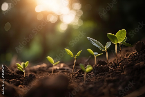 Small sprouted plants on a green background, concept of caring for the environment and growing in suitable external conditions. World Environment Day. Generative AI