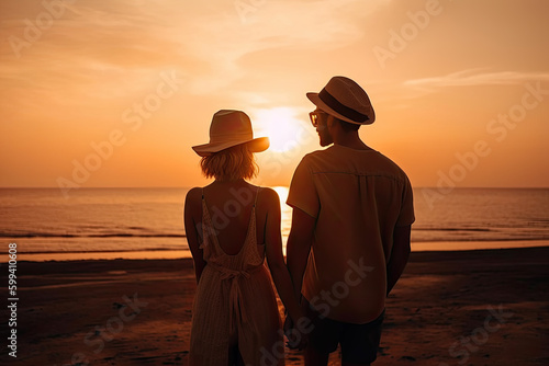 Back view of young hippie couple in hats standing on beach at sunset, created with Generative AI