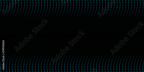 Flowing dot particles wave pattern blue and green gradient light isolated on black background. Vector in concept of AI technology, science, music.