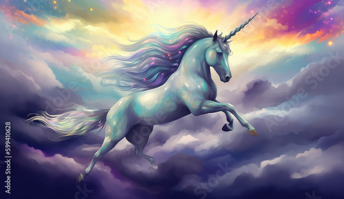 Artistic illustration of a unicorn flying through clouds and stars. Generative AI