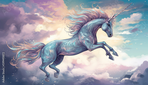 Artistic illustration of a unicorn flying through clouds and stars. Generative AI